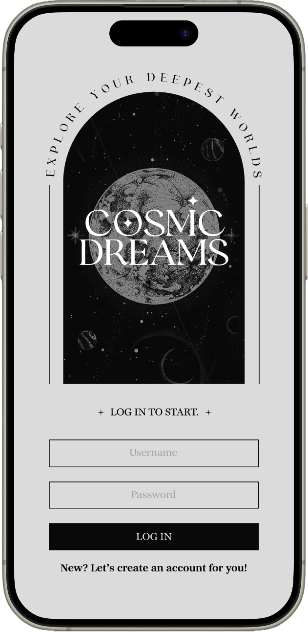 Cosmic Dreams — log in screen