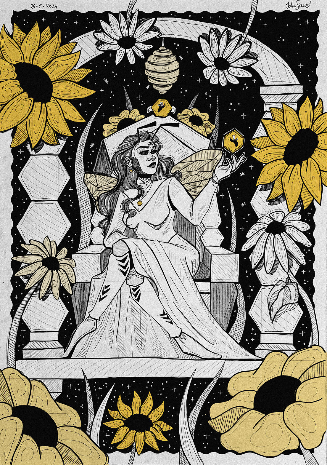The Bee Queen — ink illustration of a queen on a throne among sunflowers