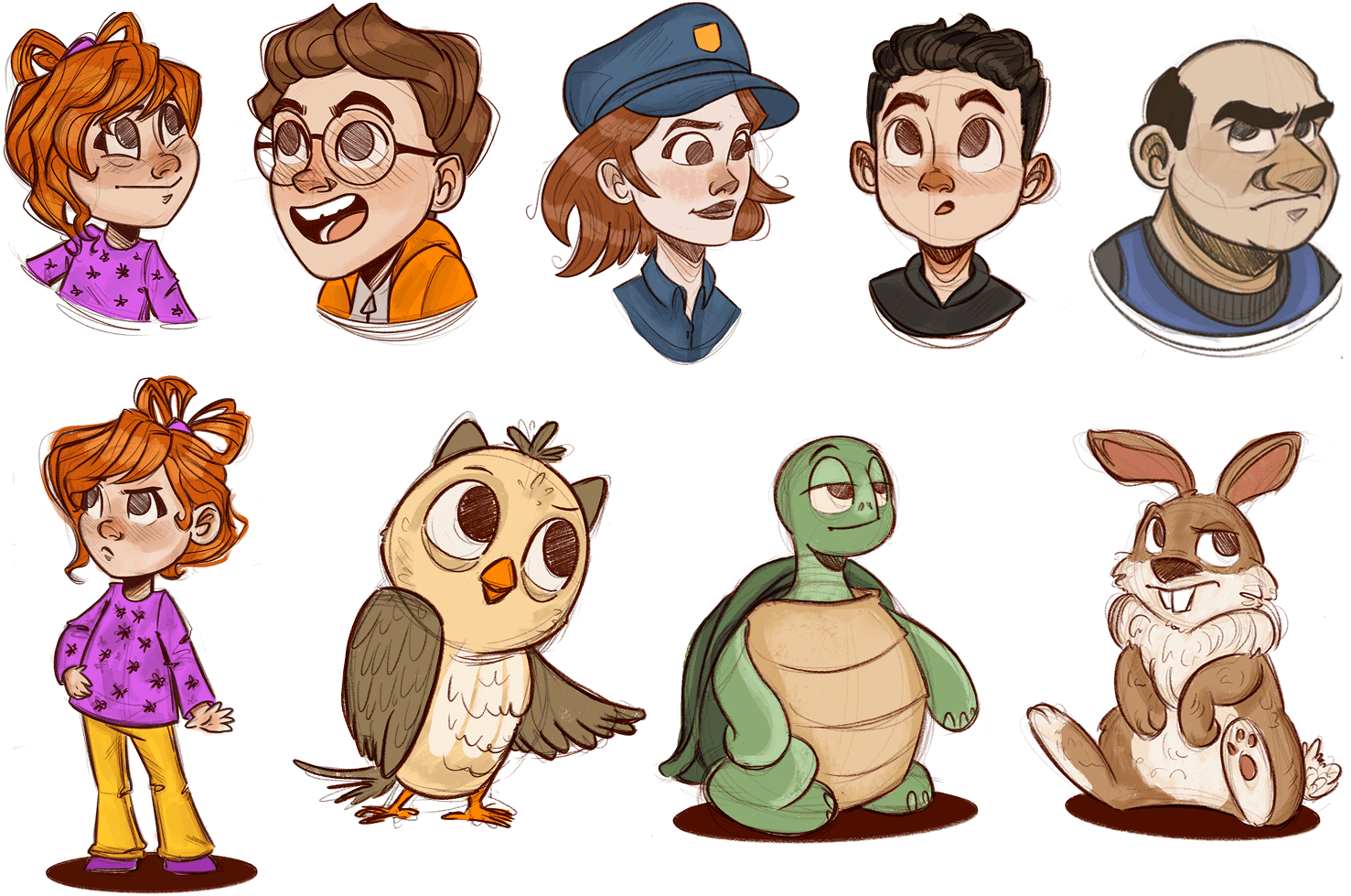 Character design sheet — expression studies of people, an owl, a turtle and a rabbit