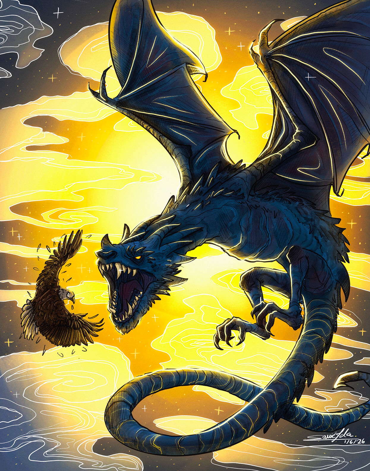 The Dragon — Bosnian dragon facing an eagle in a burning sunset sky