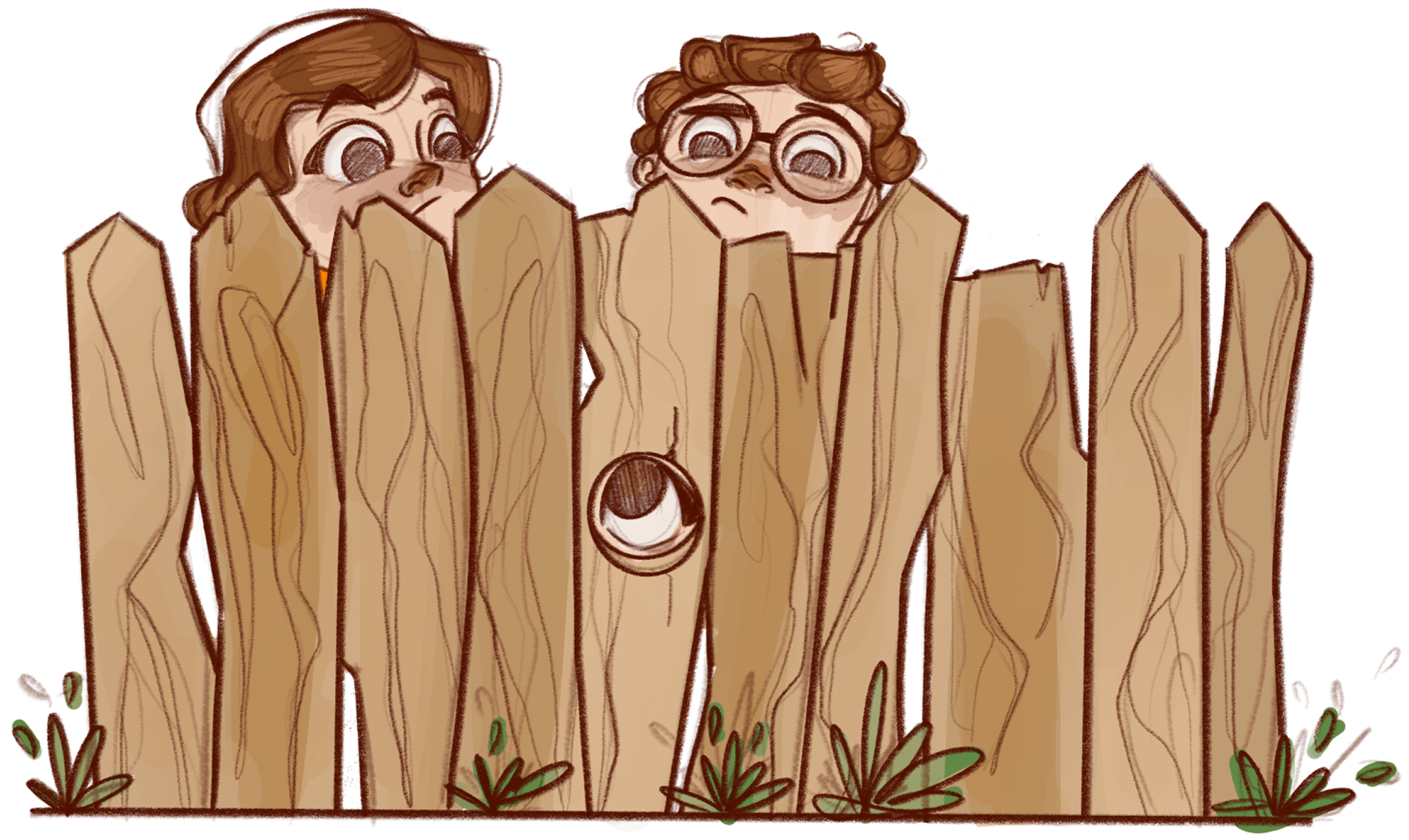 Concept art — two curious kids peeking over a wooden fence