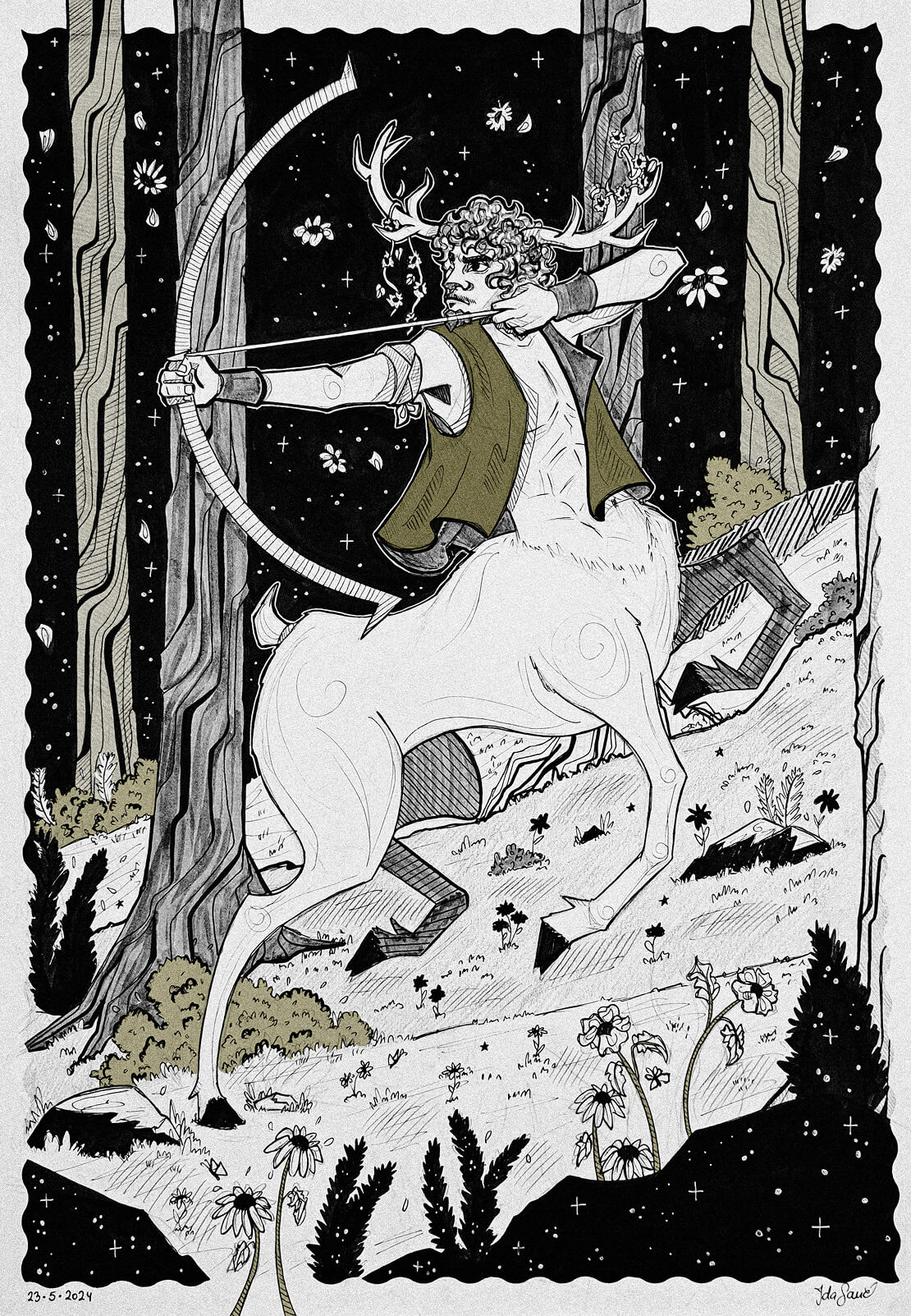 The Forest Warrior — ink illustration of a rider on a stag in a night forest