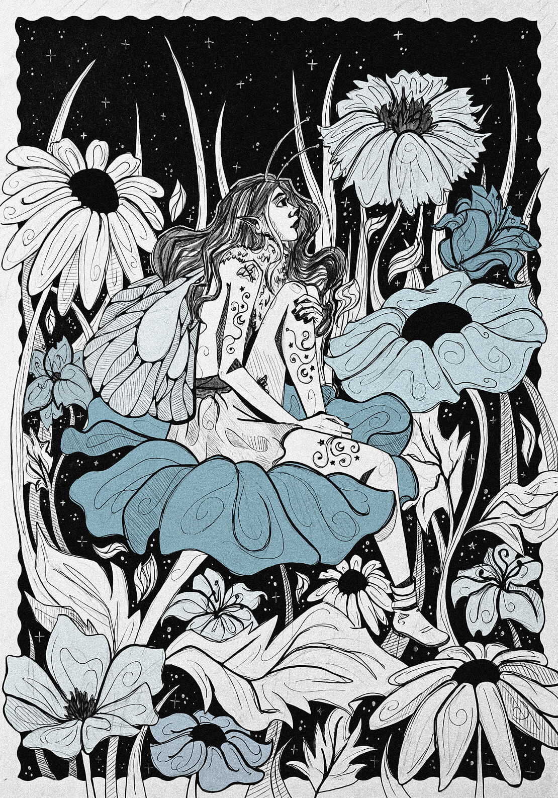 The Moth Fairy — ink illustration of a fairy resting in dense florals