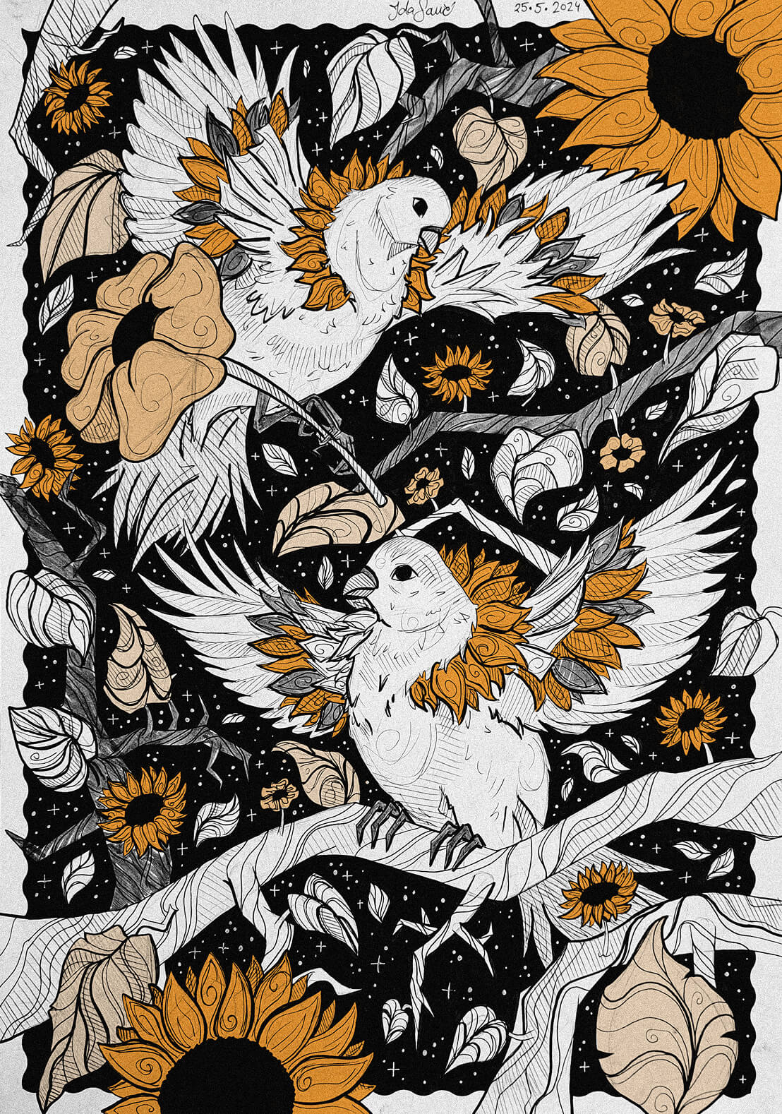 The Sunbirds — ink illustration of doves among sunflowers