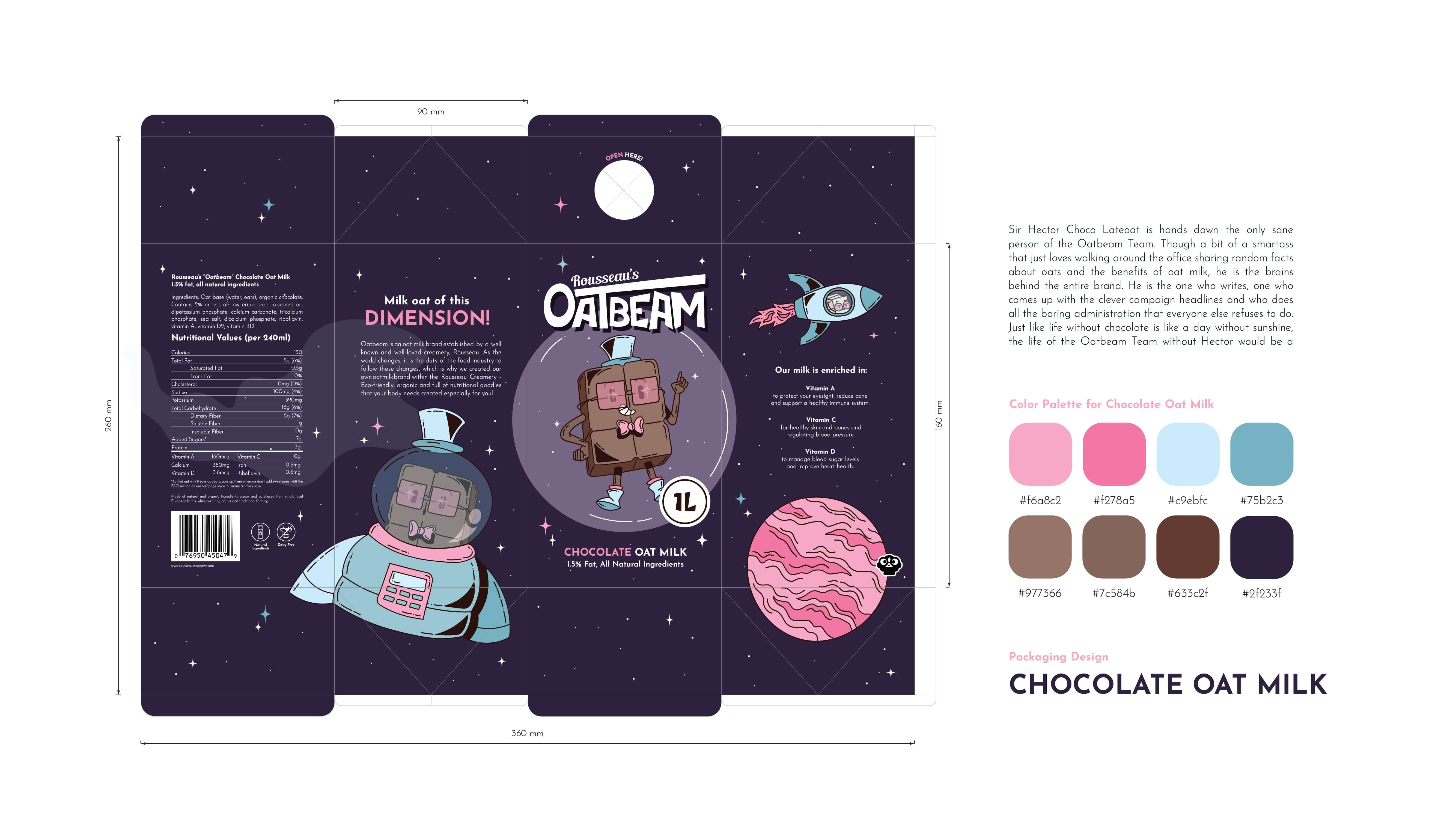 Oatbeam Chocolate — packaging spread and palette