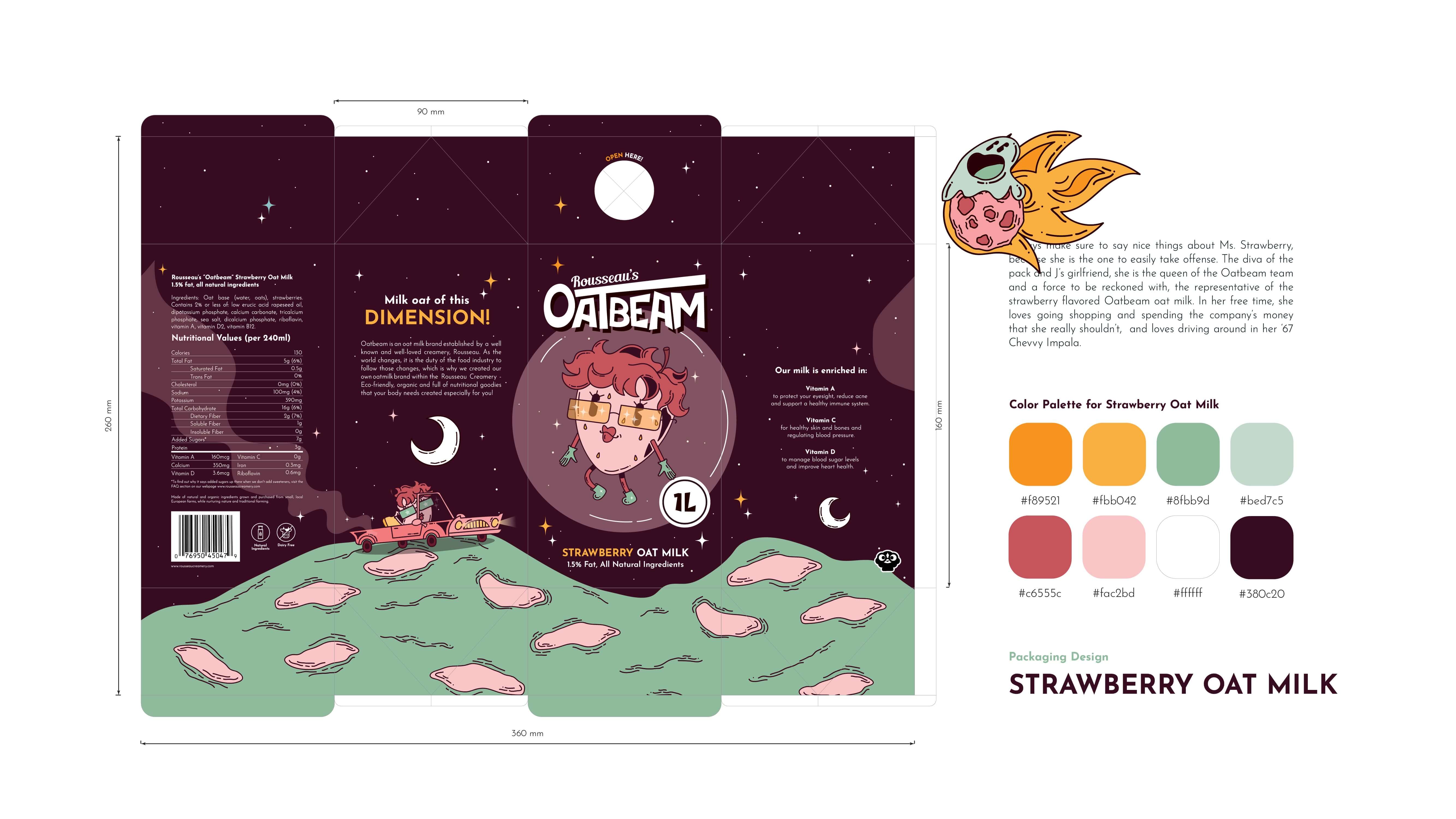 Oatbeam Strawberry — packaging spread and palette