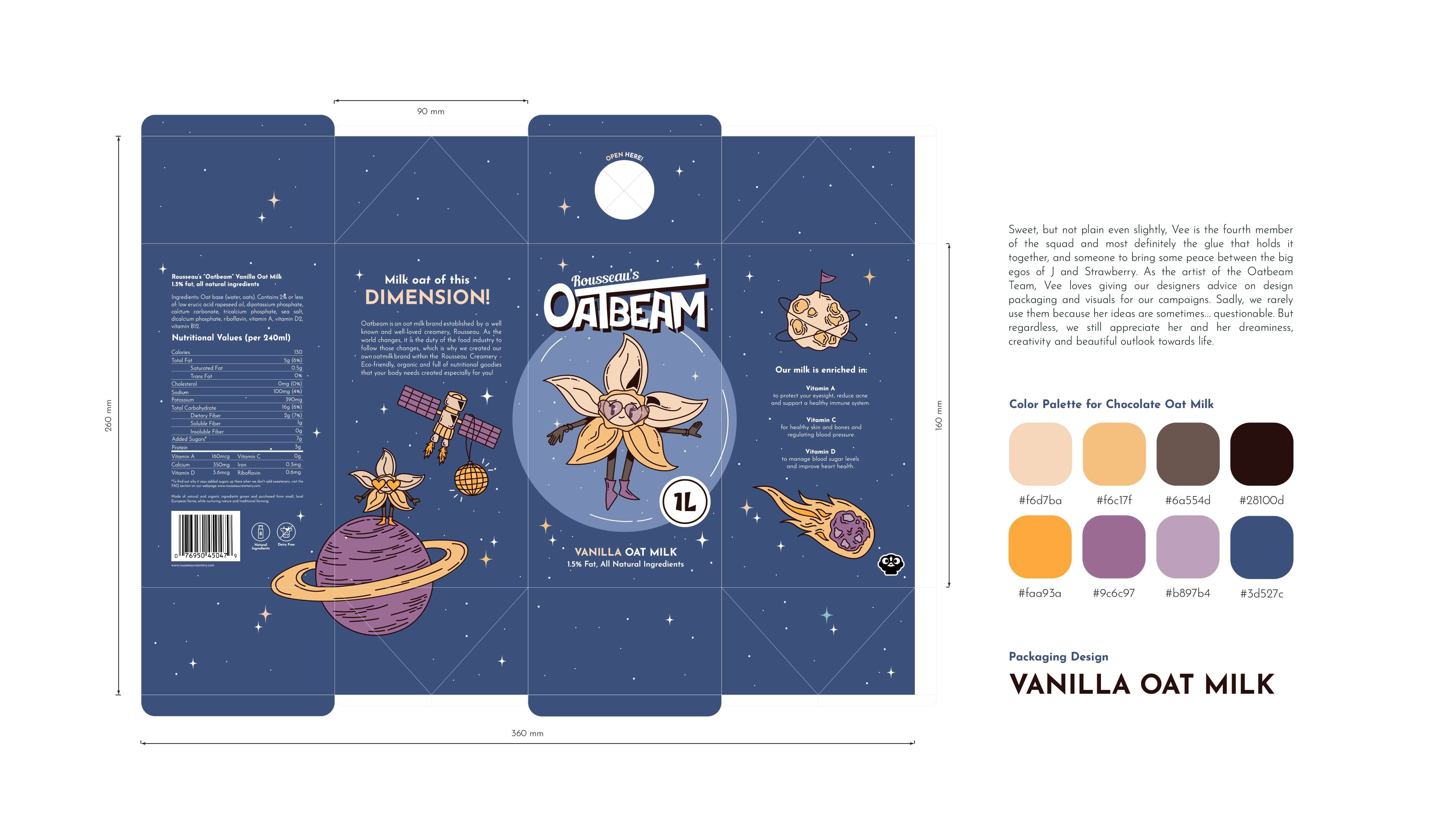 Oatbeam Vanilla — packaging spread and palette