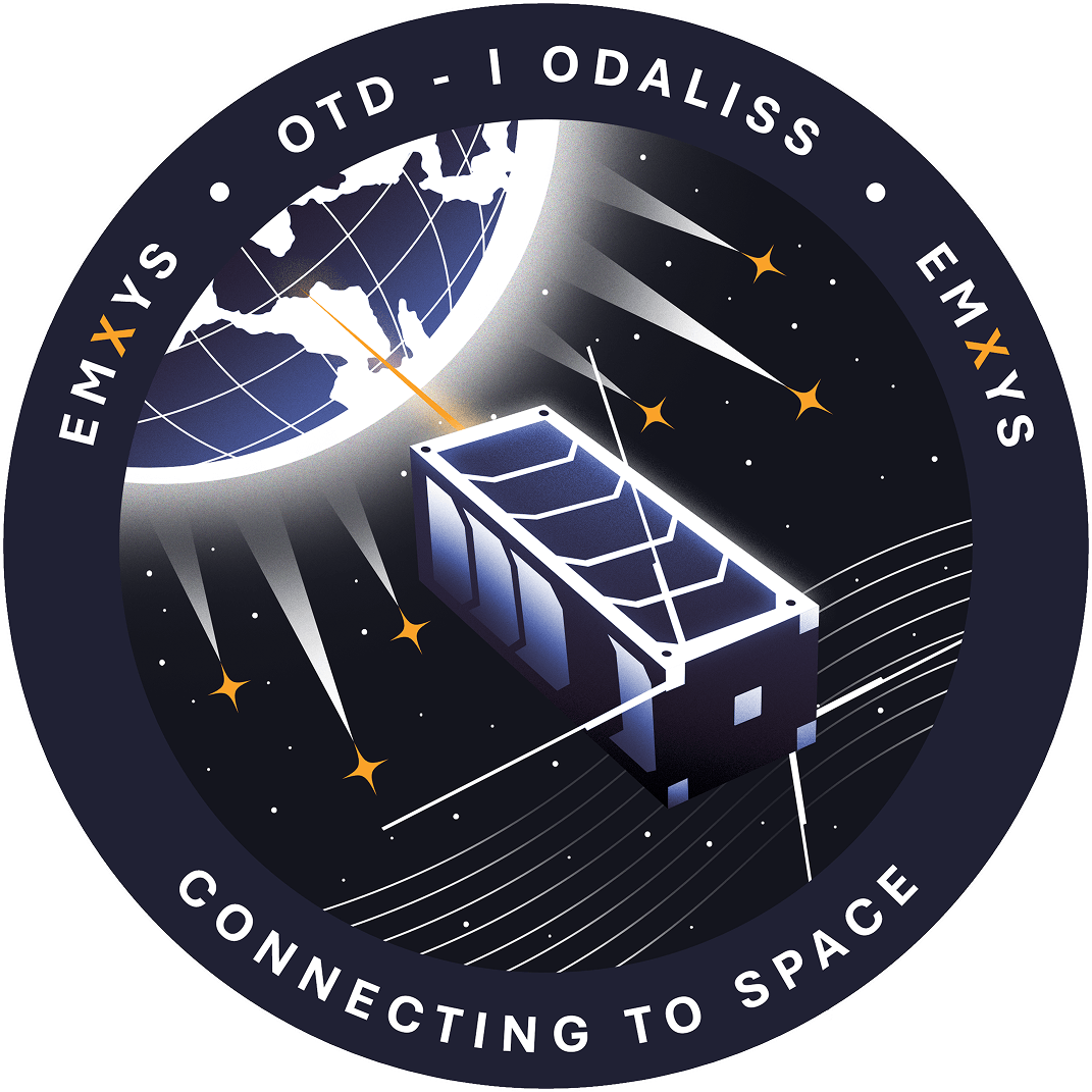 The ODALISS OTD-1 mission patch — satellite lit mid-transmission