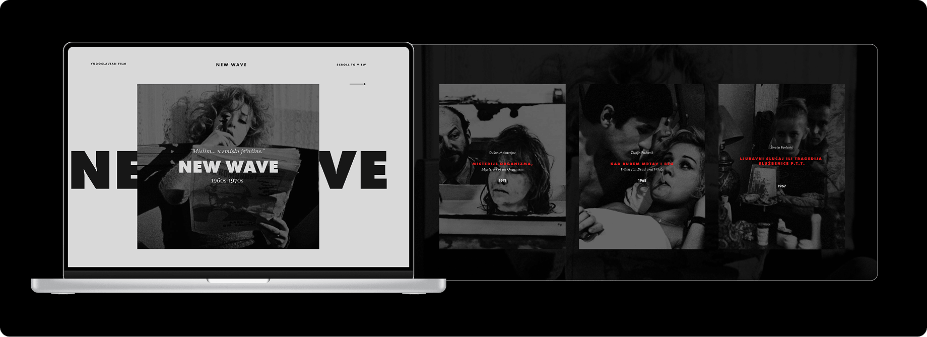 The archive's film pages — New Wave section on a laptop