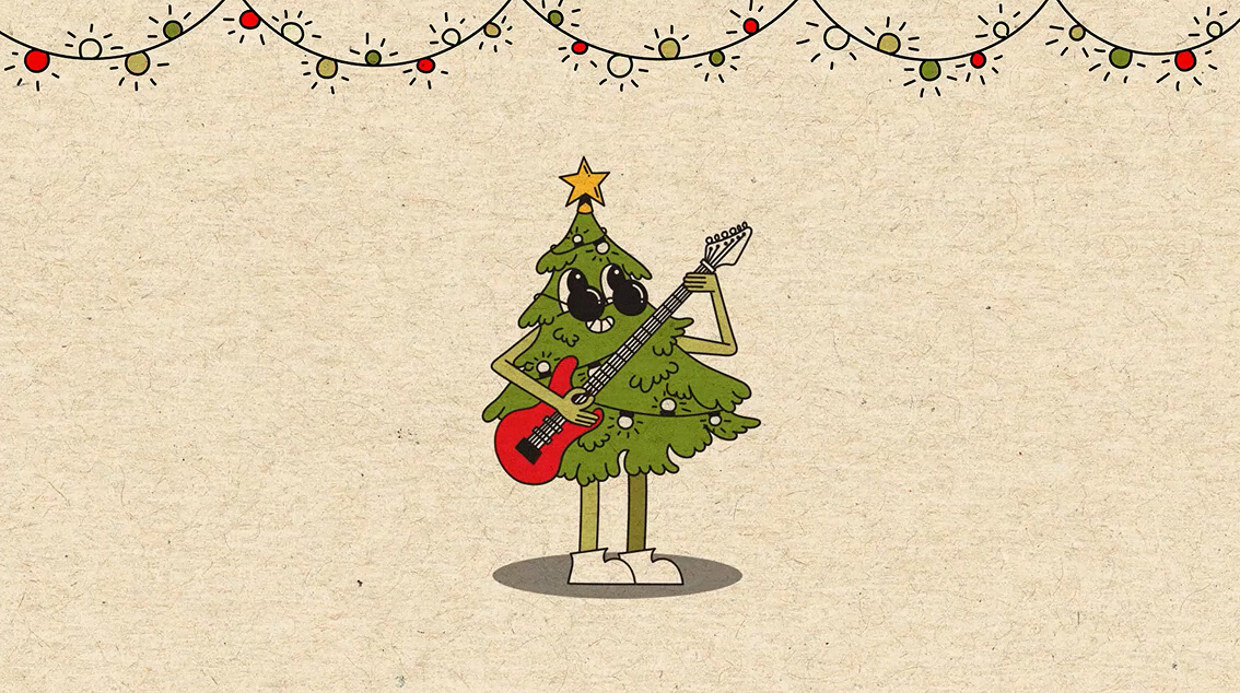 Animated Christmas tree playing guitar