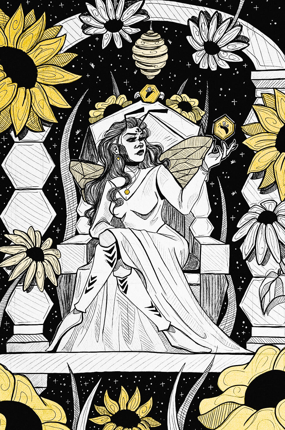 Ink illustration of a fairy queen